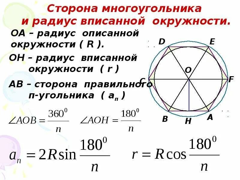 Радиус многоугольника. Формула через радиус описанной окружности. Сторона треугольника через радиус вписанной окружности. Формулы через радиус вписанной и описанной окружности. Как найти радиус вписанной окружности.