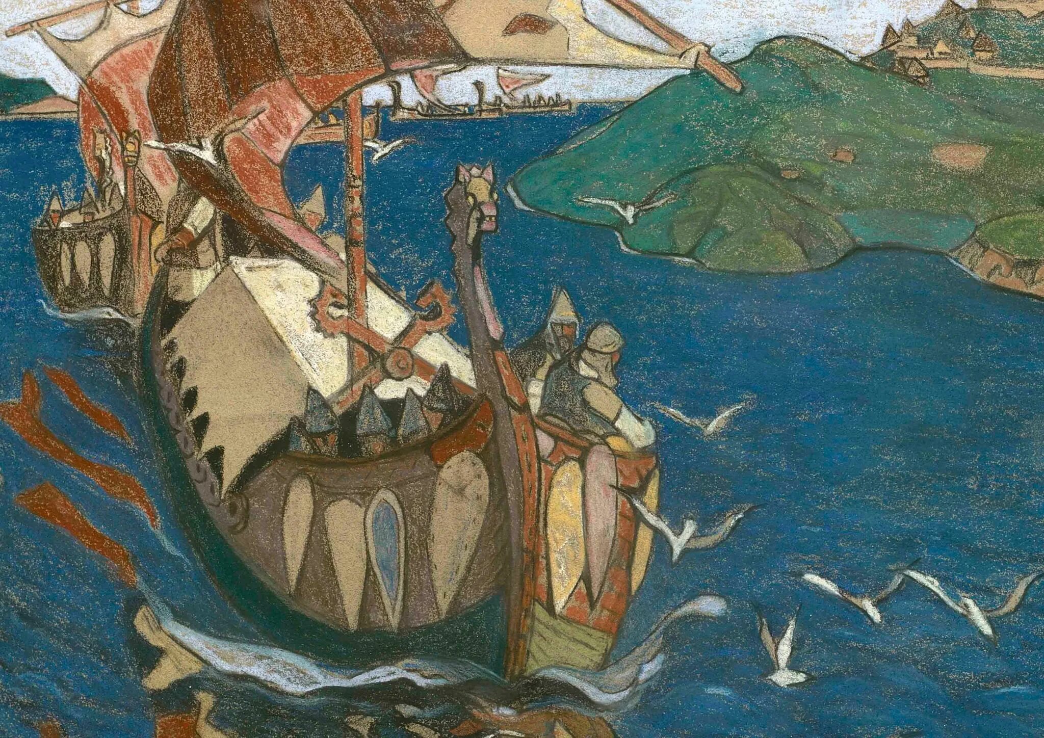 Н. Н. Рерих заморские гости исторические источники пользовался художник. Н. Рерих «заморские гости» (1901).
