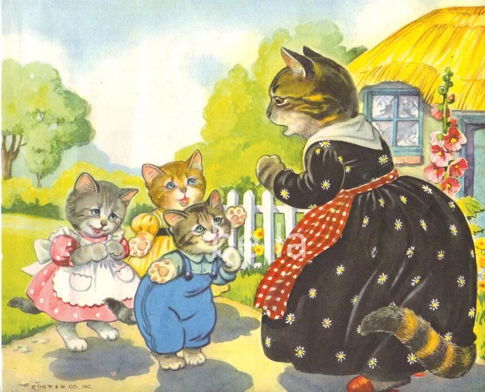 Кошка зовет малышей. Маршак котятки потеряли перчатки. Книжная иллюстрация. Котятки и перчатки. Кошки в сказках.