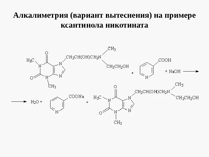 Ксантинола никотинат мурексидная проба. Дикаин алкалиметрия. Прокаина гидрохлорид алкалиметрия. Алкалиметрия пример реакции.