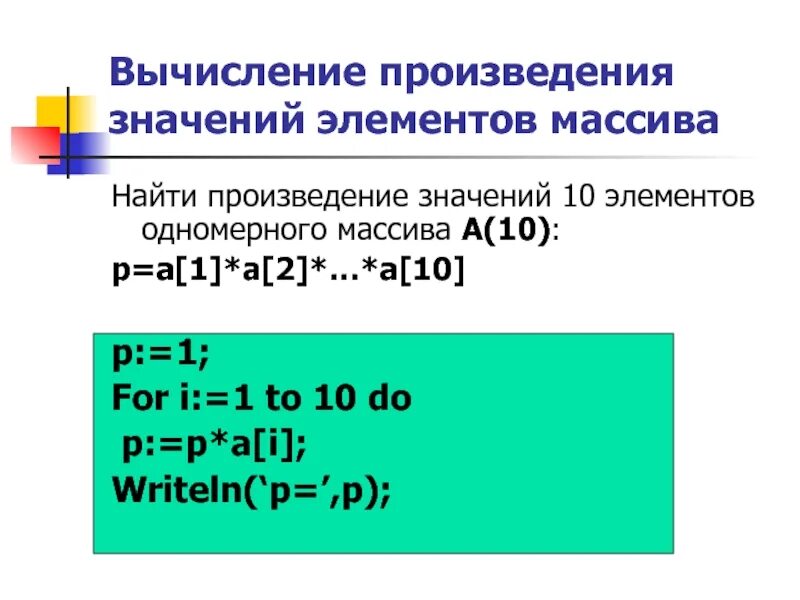 Произведение элементов массива. Вычисление произведения элементов массива. Вычислить произведение элементов массива. Вычислить произведение элементов одномерного массива.