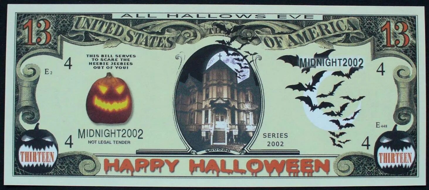 Деньги Хэллоуин. Сувенирная банкнота Хэллоуин. Напечатать деньги для Хэллоуина. Тайны банкнот: легенды и факты. 155 долларов в рублях