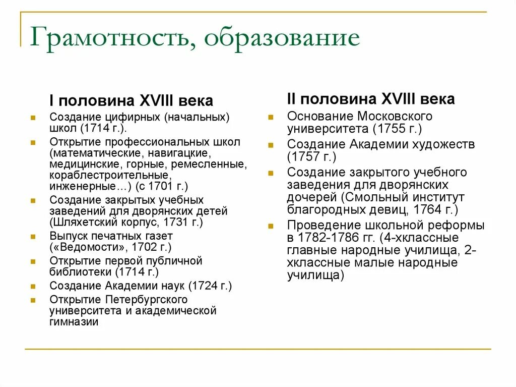 Система российского образования 18 в. Типы учебных заведений в России 18 века. Российская система образования 18 века. Система образования в России в 18 веке таблица. Система образования в России 18 века.