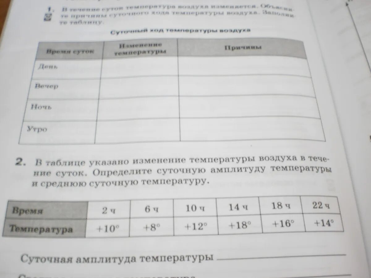 Определите среднюю температуру и суточную амплитуду воздуха. Таблица изменения температуры воздуха. таблица изменения температуры воздуха в течение суток. шаг за шагом определяем среднюю суточную температуру воздуха. суточная температура таблица в тетради.