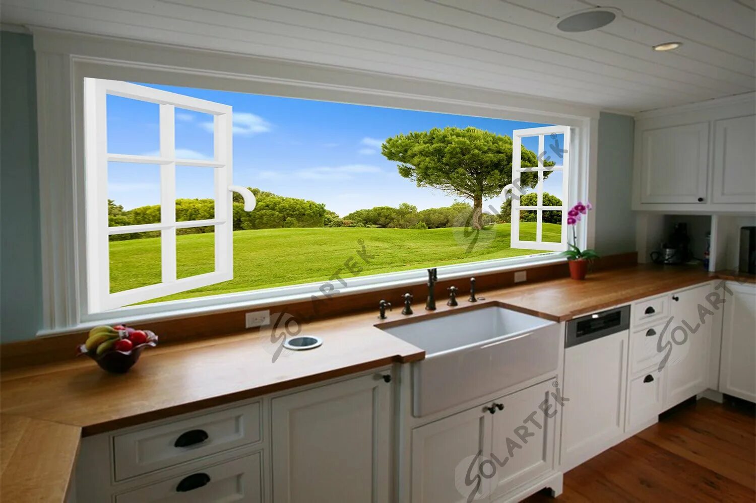 Окно на полный экран. Кухня с окном. Кухня с большим окном. Кухня с окном в рабочей зоне. Окно фартук на кухне.