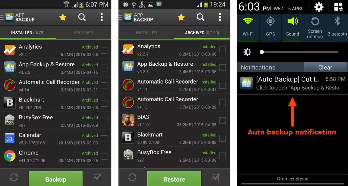 App Backup & restore. Android app not installed. Reinstall Android application. Install app.