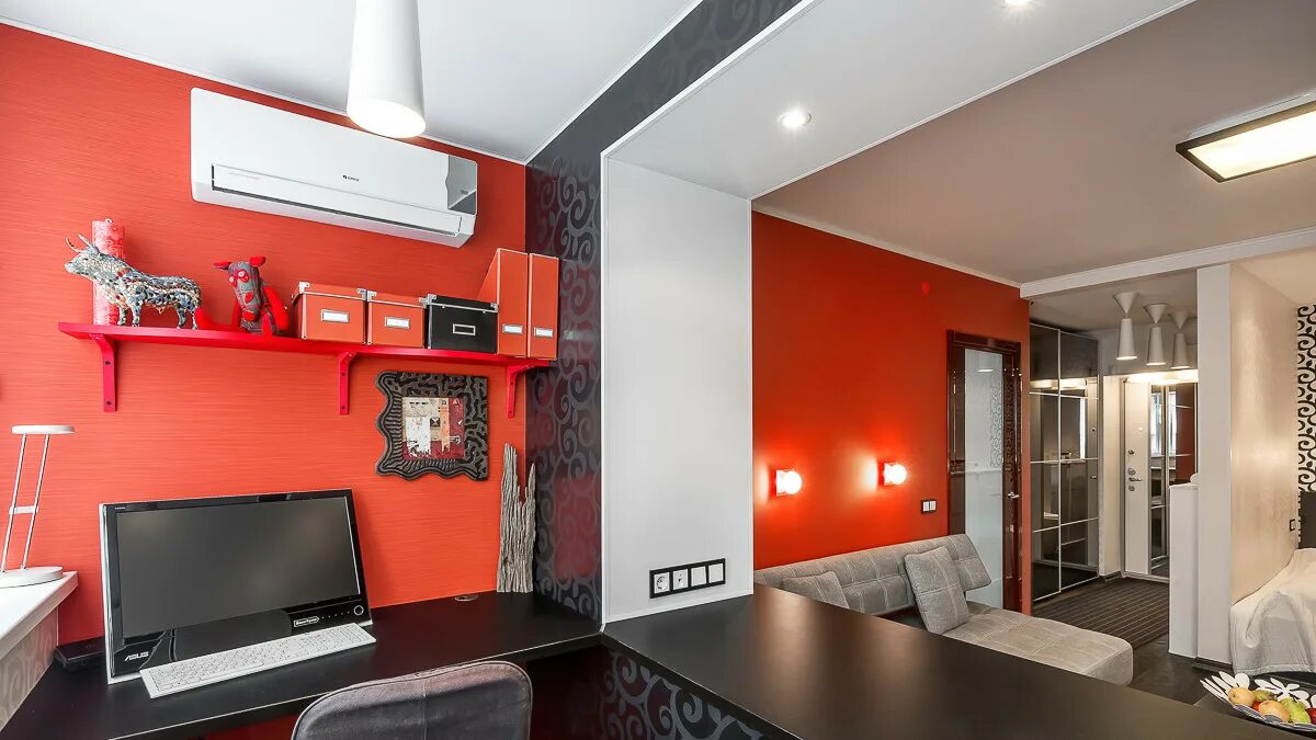 Интерьер однокомнатной квартиры 36. Красная гостиная. Отделка 1 комнатной квартиры. Дизайн квартиры 36 кв метров.