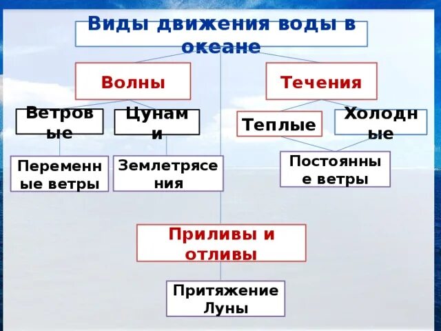 Записать виды волн. Виды движения воды в океане. движение воды в океане таблица. причины движения воды в океане. движения вод мирового океана таблица.