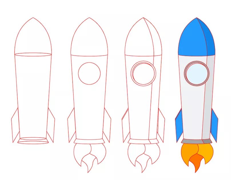 Поэтапное рисование ракеты. Этапы рисования ракеты. Нарисовать ракету поэтапно. Пошаговое рисование ракеты для детей. Как нарисовать ракету поэтапно