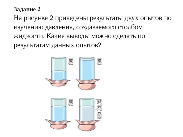 Какие выводы можно сделать из этого опыта. Опыт по теме давление жидкостей. Давление жидкости столба опыт. Давление столба жидкости задачи 7 класс. Вывод давления жидкости.