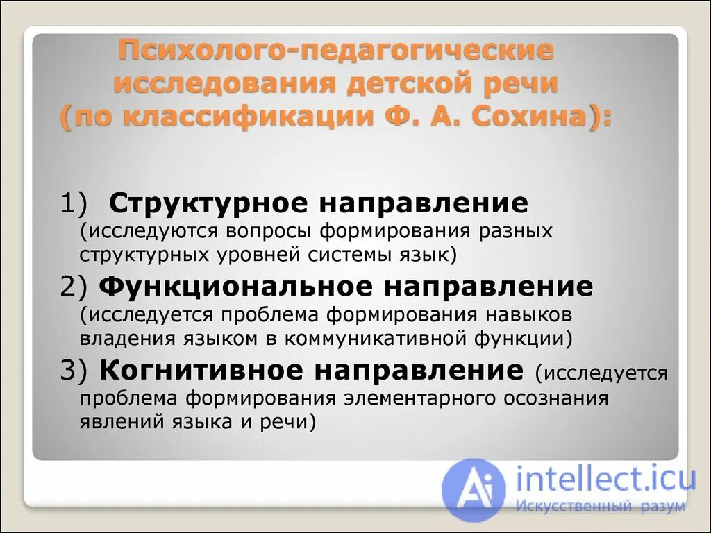 Направления психолого педагогическое изучение детей. Современные направления исследований детской речи. Направление в исследовании детской речи по Сохину. Сохин развитие речи. Функциональное направление структурных