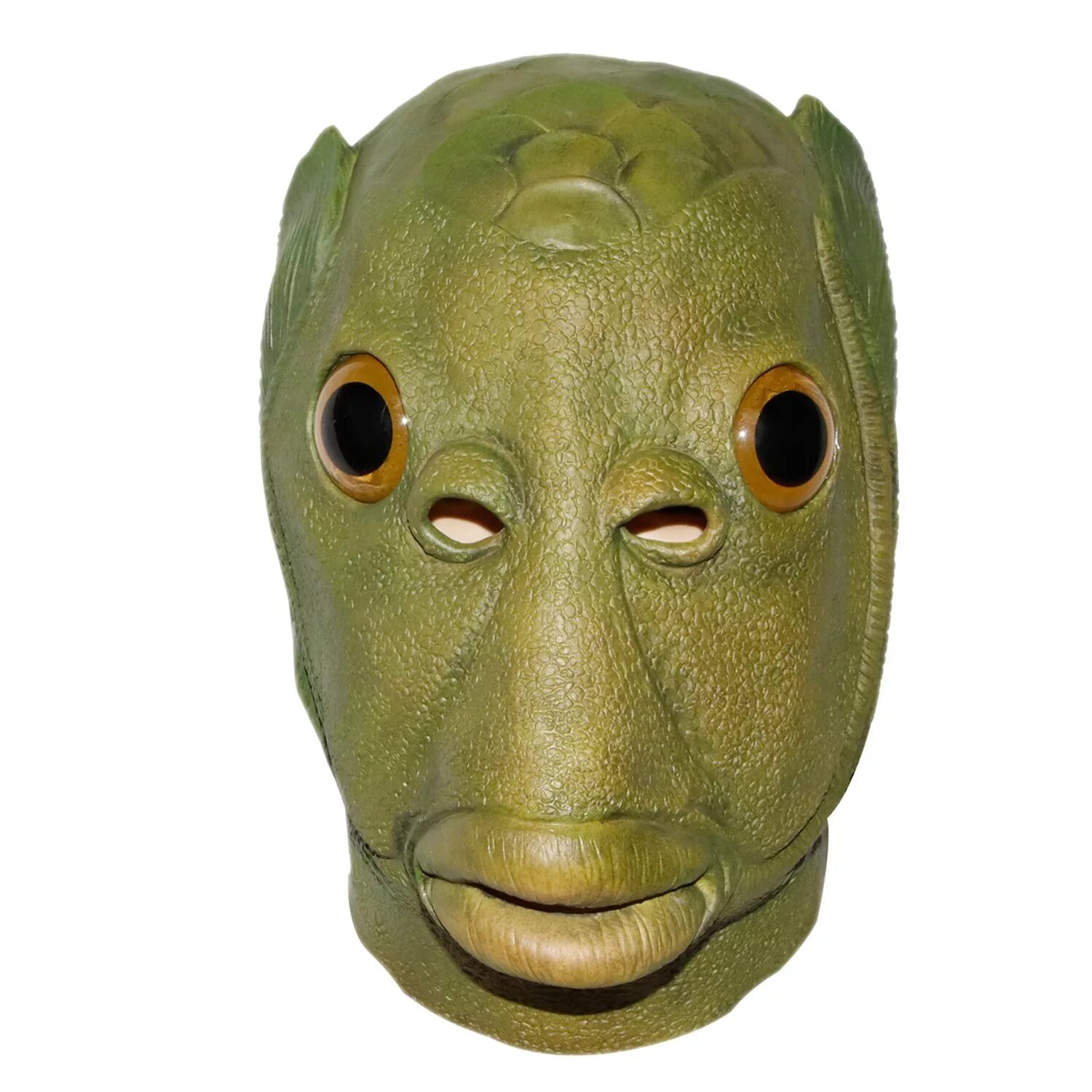 Маска над головой. Маска зелёной рыбы. Зеленая резиновая маска.