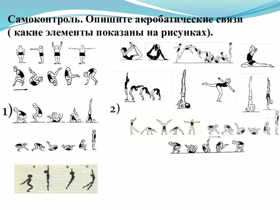 Гимнастические комбинации. Акробатические упражнения названия. Элементы акробатических упражнений. Комбинация акробатических упражнений. Основные элементы акробатики.