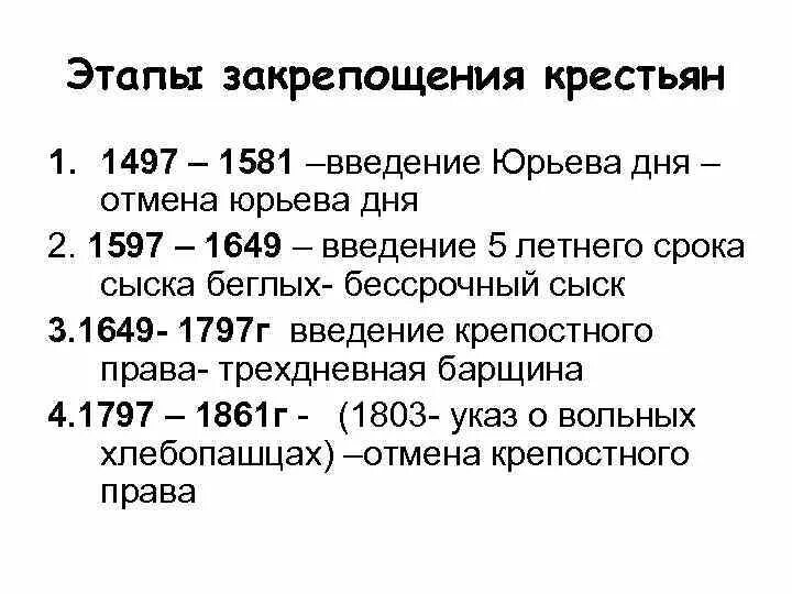 Введение 5 летнего сыска беглых крестьян год. Этапы закрепощения крестьян 1497-1649. Этапы закрепощения крестьянства. Этапы закрепощения крестьян этапы. Этапы зарепощения кре тьян.