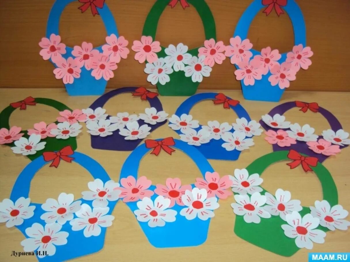 Цветы для мамы вторая младшая группа. Аппликация корзина с цветами. Поделка корзина с цветами из бумаги.