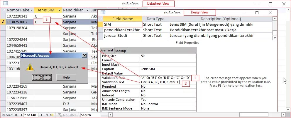Validation rules. Validation rule access. validation text access.