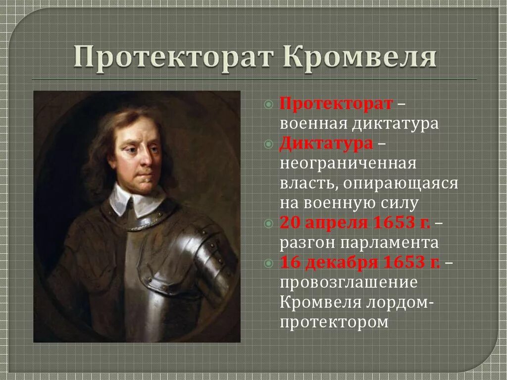 Военная диктатура – протекторат Кромвеля (1653 -1658).. Протекторат Оливера Кромвеля. 1653-1658 Протекторат Оливера Кромвеля. Провозглашение Оливера Кромвеля.