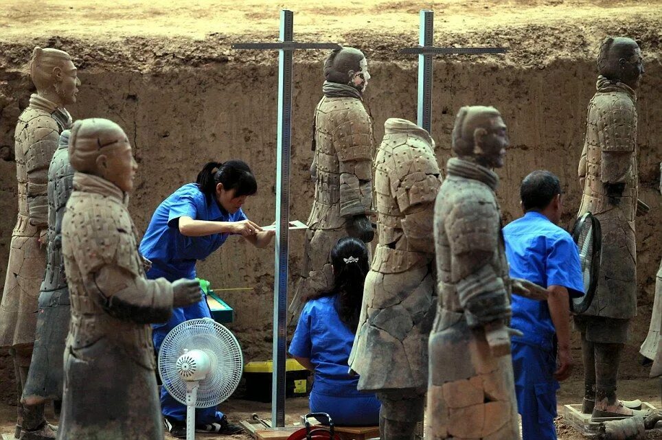 Терракотовая армия раскопки. Археологи терракотовая армия. Китай армия археология.