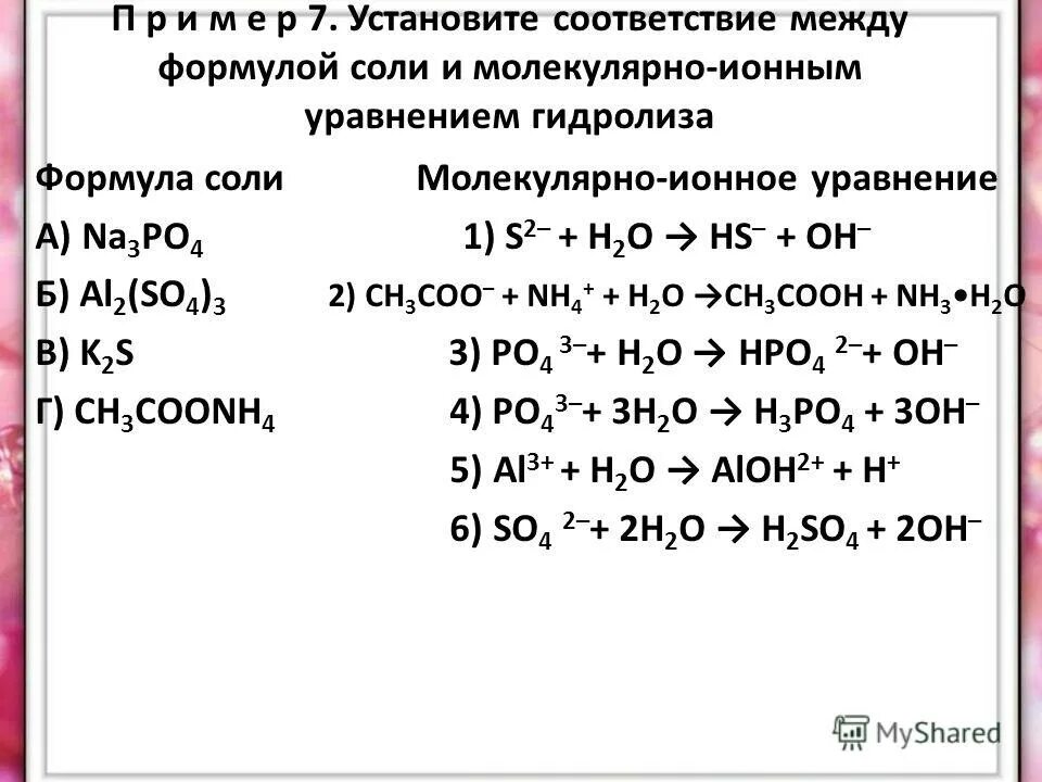 Установите соответствие типа соли гидролизу. Молекулярные и ионные уравнения гидролиза. Ионное уравнение с комплексной солью. Молекулярные и ионные уравнения гидролиза солей. Ионное уравнение комплексных солей.