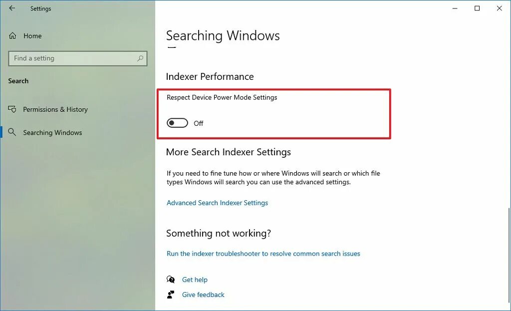 Power setting mode. Search settings. indexer. stop search.