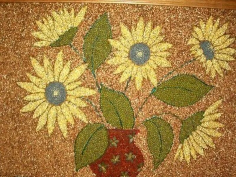Картины из крупы. Мозаика из круп и семян. панно подсолнух из крупы. панно из круп и семян подсолнух. осеннее панно из пшена.