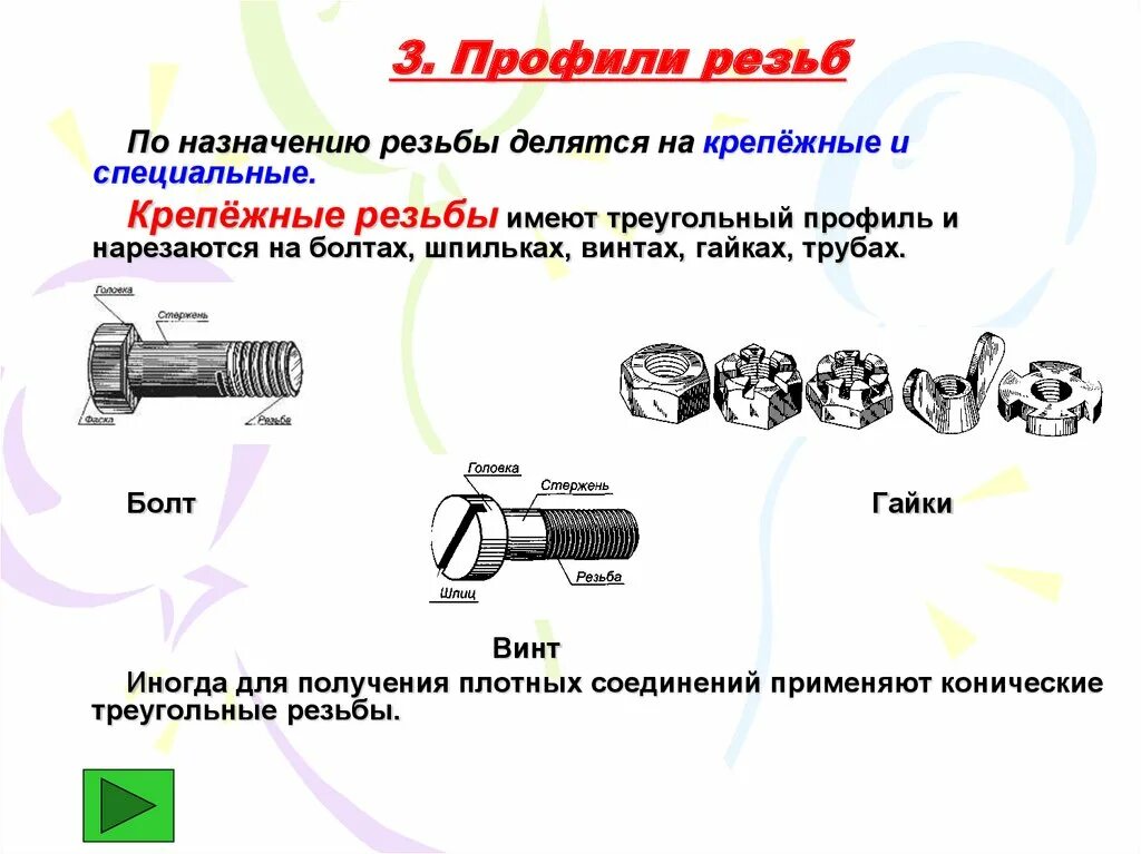 Системы резьб. Крепежная резьба. элементы профиля резьбы. крепежные резьбы бывают. диаметр шпильки для нарезания наружной резьбы.