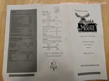 Online Menu of The Main Moose Restaurant, Columbia, Connecticut, 06237.