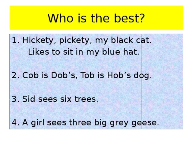 Hat произношение. Hickety Pickety my Black Hen. Подчеркните буквы обозначающие звуки my big Black Cat likes to sit in my Blue hat. My Cat likes/like что писать. The girls sees Six Grey Geese картинка.