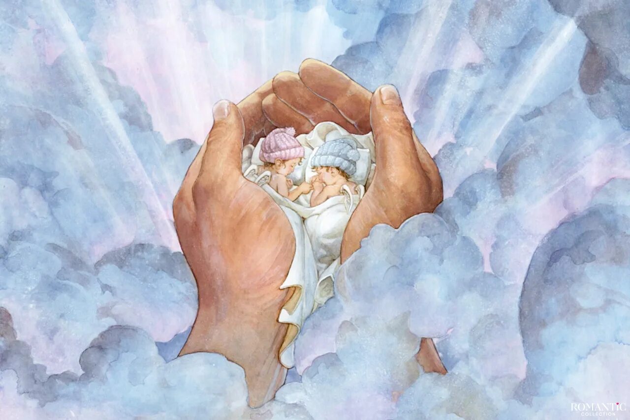 Рука Бога. Младенец в руках Бога. Небесные ангелы. Бог и ангелы.