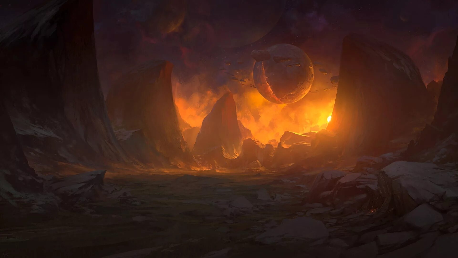 Пылающие бездны. Noah Bradley. Гора тартар. Пейзаж ада. Фэнтези арт пейзаж.