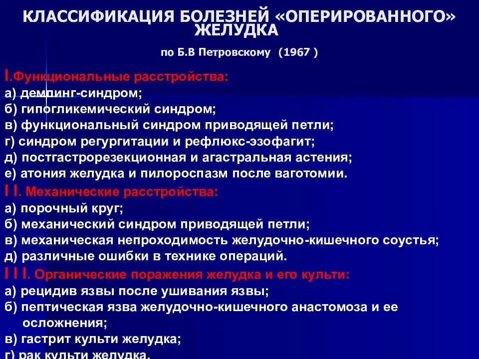 Функциональное расстройство желудка мкб. Классификация болезней оперированного желудка по б.в. Петровскому. Классификация болезней оперированного желудка по Петровскому. Болезни оперированного желудка этиология. Болезнь оперированного желудка демпинг синдром.