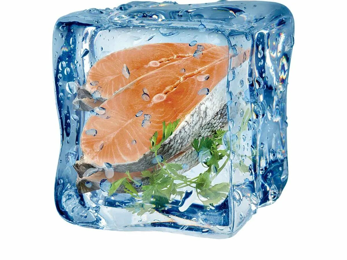 Замороженные продукты. Продукты во льду. Овощи в кубике льда. Замороженное мясо и рыба.