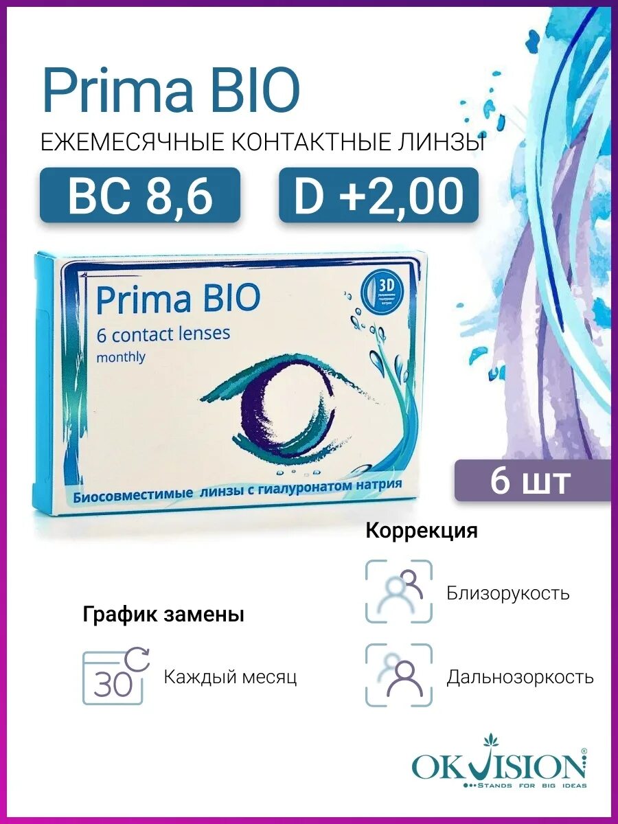 Контактные линзы OKVISION prima Bio (6 линз. ОКВИЖЕН линзы Прима био. Prima Bio линзы 12 линз. OKVISION prima Bio (6 шт.) (Биосовместимые линзы с гиалуроном натрия).