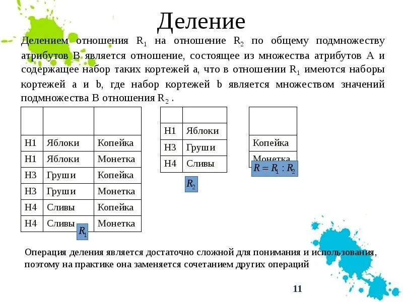 Реляционная алгебра деление. Операции в реляционной базе данных. Пример операции деления. Деление отношений в бд. Sql операция деления отношений.