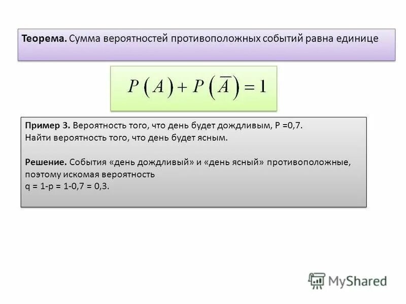 Вероятность наступления некоторого события равна. Вероятность противоположного события равна. Сумма противоположных событий. Сумма вероятностей противоположных событий.