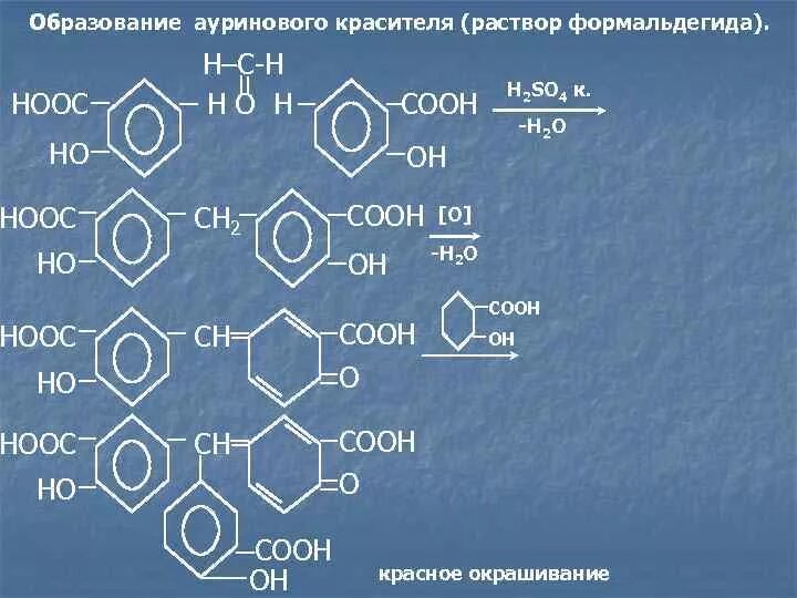 Реакция образования ауриновых красителей. Образование ауринового красителя с фенолом. Гексаметилентетрамин реакция образования ауринового красителя. Резорцин ауриновый краситель.