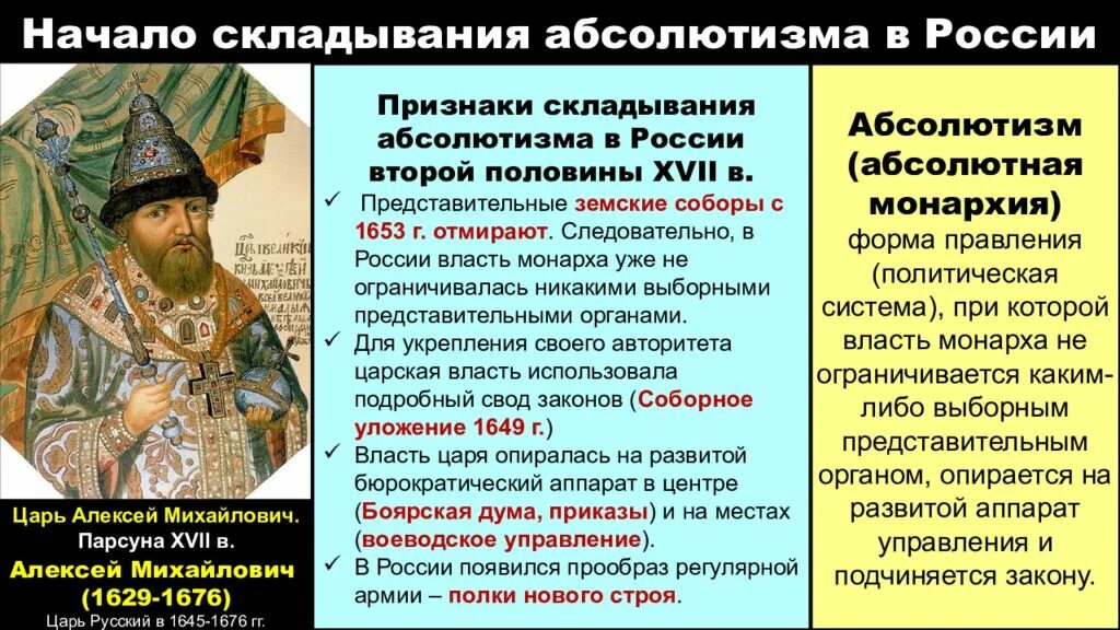 Что укрепило власть царя алексея михайловича принятие. Становление абсолютизма при Алексее Михайловиче. Формирование абсолютизма при Алексее Михайловиче. Формирование абсолютной монархии при Алексее Михайловиче. Россия при первых Романовых.