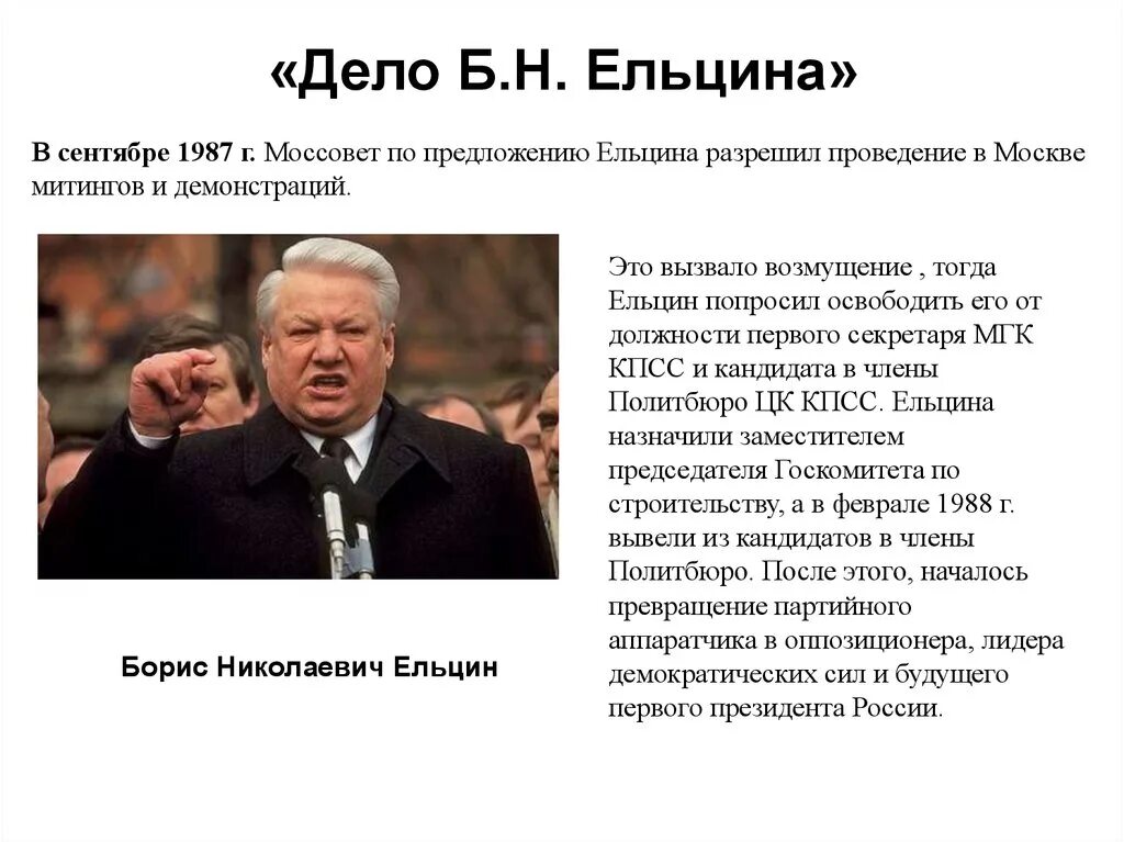 Б.Н. Ельцин 1987. Деятельность Ельцина кратко. Ельцин годы правления.