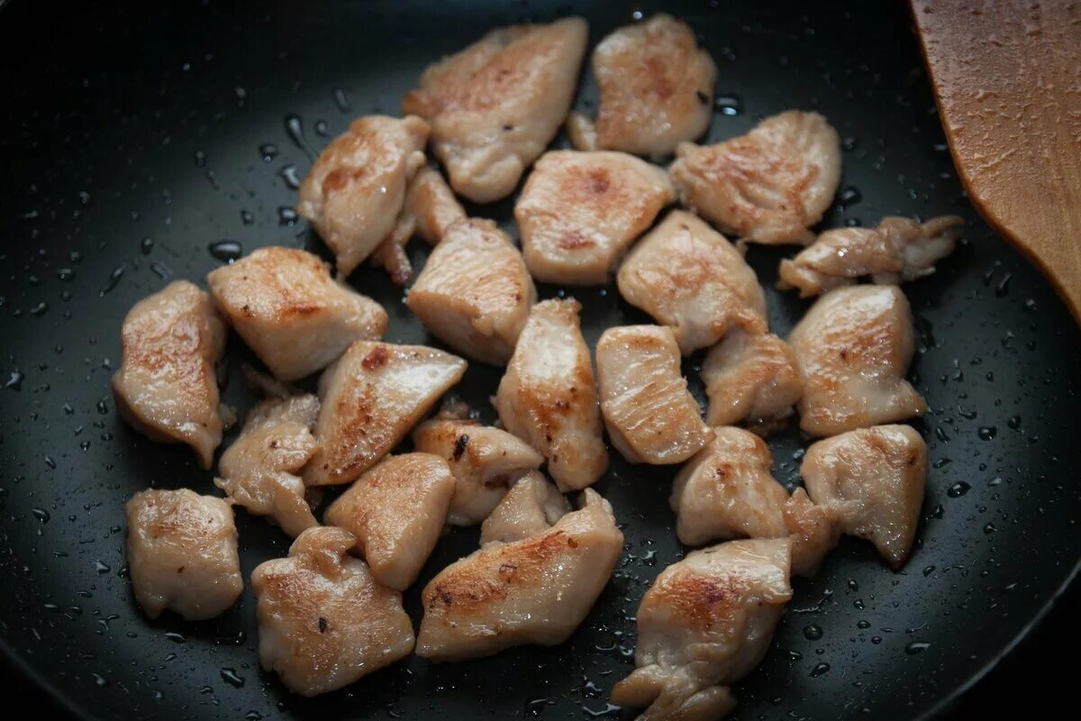 Кусочки жареной курицы. Курица кксками на сковороде. Куриное филе на сковородке. Жареное куриное филе на сковороде.