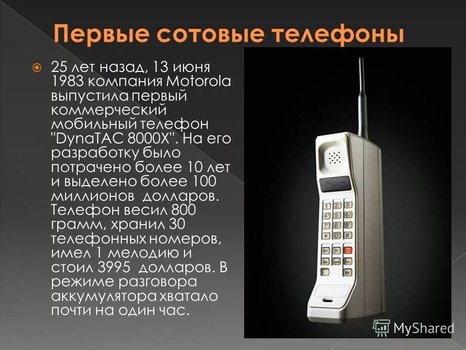 Первый телефон екатеринбург. Motorola DYNATAC 8000x 1983. Motorola DYNATAC 8000x презентация. Motorola DYNATAC 8000x 1983 год. Первый телефон Motorola DYNATAC 8000x.