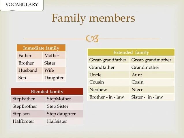 Related vocabulary. Family relationships Vocabulary. Family related Vocabulary. Family members Vocabulary. Extended Family Vocabulary.