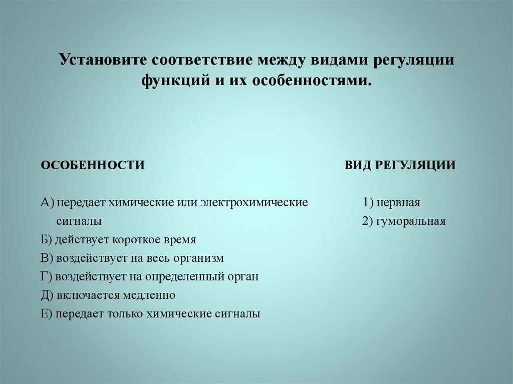 Установите соответствие. Типы регуляции и их особенности. Типы регуляции функций. Виды регуляции и особенности.