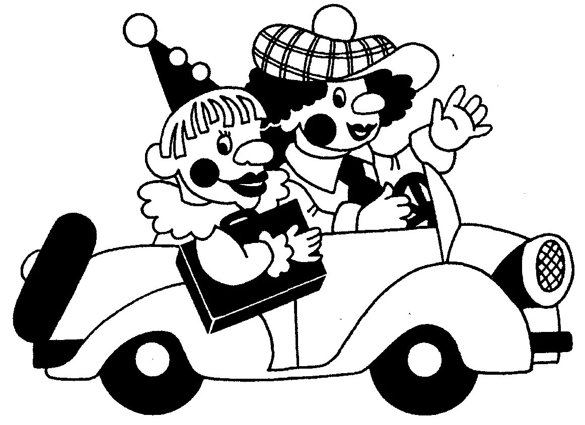 Автобус клоунов. Драндулет рисунок. Кдоун в машине. Черно белый клоунада едут на машине. Картинка клоуны в машине с цветами.