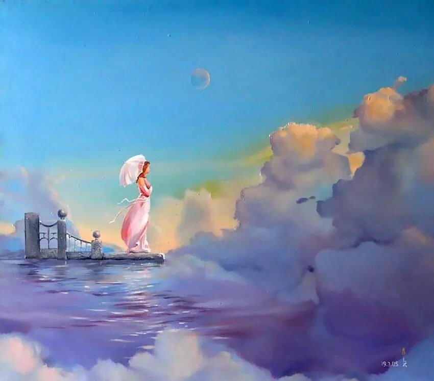 О чем мечтает вода. Небо живопись. Мечта живопись. Картина мечта. Девочка на облаке.