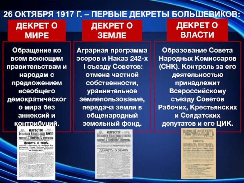 Какие мероприятия большевиков. Декреты Большевиков о мире о земле о власти. Декрет о власти 1917. Первые декреты власти. Декрет о мире.