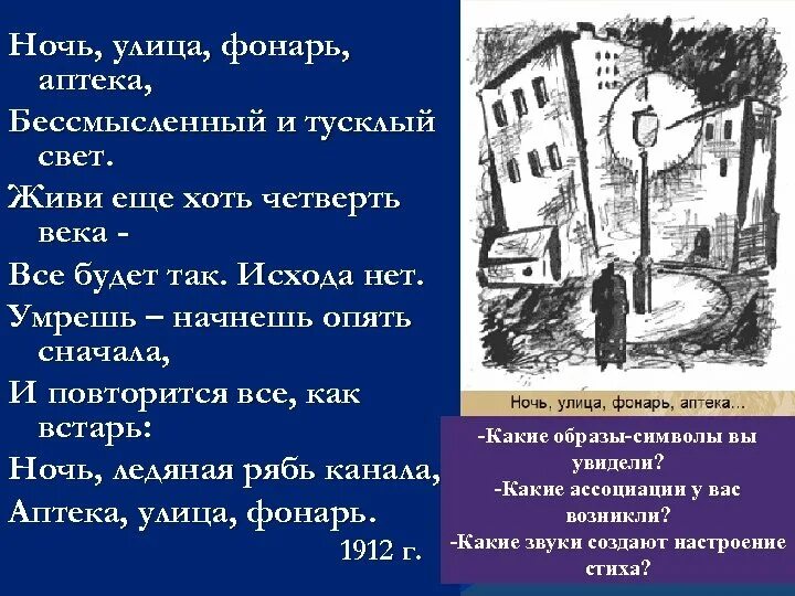 Живи еще хоть четверть века все. Стих Маяковского ночь улица фонарь аптека.