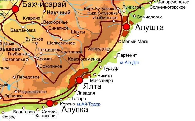 Где находится бахчисарайский. Бахчисарай на карте Крыма. Карта побережья Крыма. Карта Крыма ЮБК подробная с городами. Бахчисарай Крым на карте Крыма.