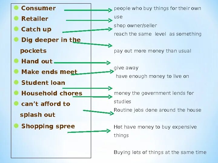 Match the words to from phrases. Предложение с hand out. Retailer перевод. Things перевод. Expensive перевод.