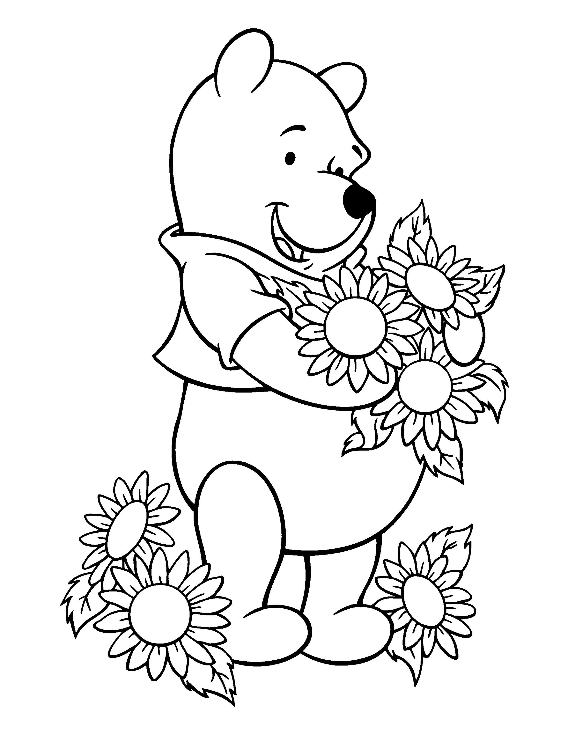 Распечатать картинки. Раскраска мишка Винни пух. Медвежонок с цветами раскраска. Мишка с цветами раскраска. Раскраски для девочек медвежата.