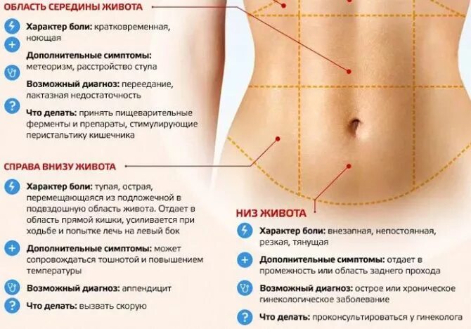 Болит низ живота. Что внизу живота у женщин. Болит живот справа. Болит живот в области пупка.